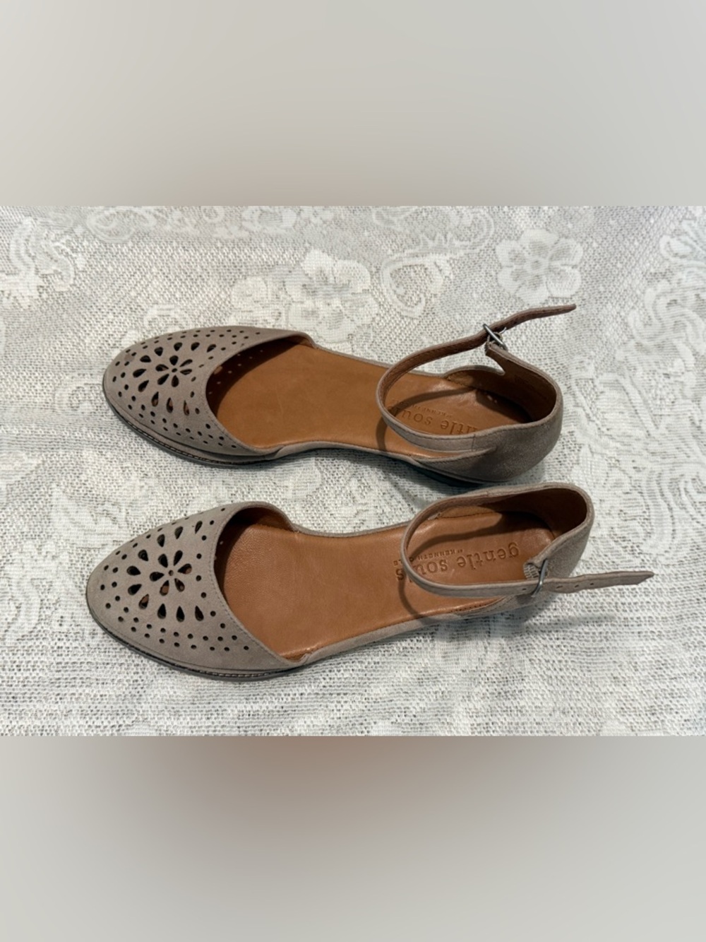 gentle souls by Kenneth Cole Taupe Suede Perforated Ankle-Strap Wedges - Picture 5 of 9